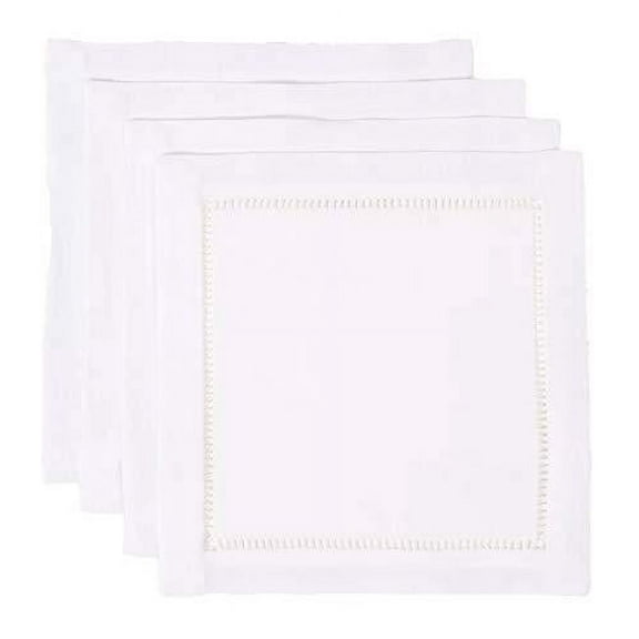 Fennco Styles Rochester Collection Contemporary Hemstitched Polyester 6 x 6 Inch Cloth Napkins for Dining Table, Banquet, Wedding, Family Dinner, White, Set of 4