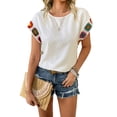 thumbnail image 3 of Blusas de Verano para Mujer, Camisetas Casuales de Corta, Cuello Redondo, Blusas Bohemias con Estampado Floral de Crochet. S, 3 of 10