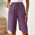 thumbnail image 6 of Women's Cotton Linen Bermuda Shorts Knee Length Elastic Waist Loose Fit Summer Casual Shorts with Pockets, #03 Purple, XXL, 6 of 7