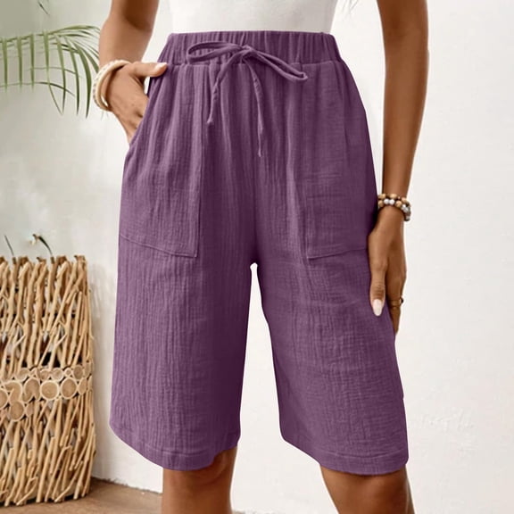 Nestiefly Linen Bermuda Shorts for Women Knee Length High Waisted Baggy Loose Casual Summer Cotton Gauze Shorts with Pockets Purple XL