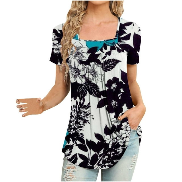 Pompotops Femmes Mode Imprimé Casual V-Cou Manches Courtes T-Shirt Blouse Tops