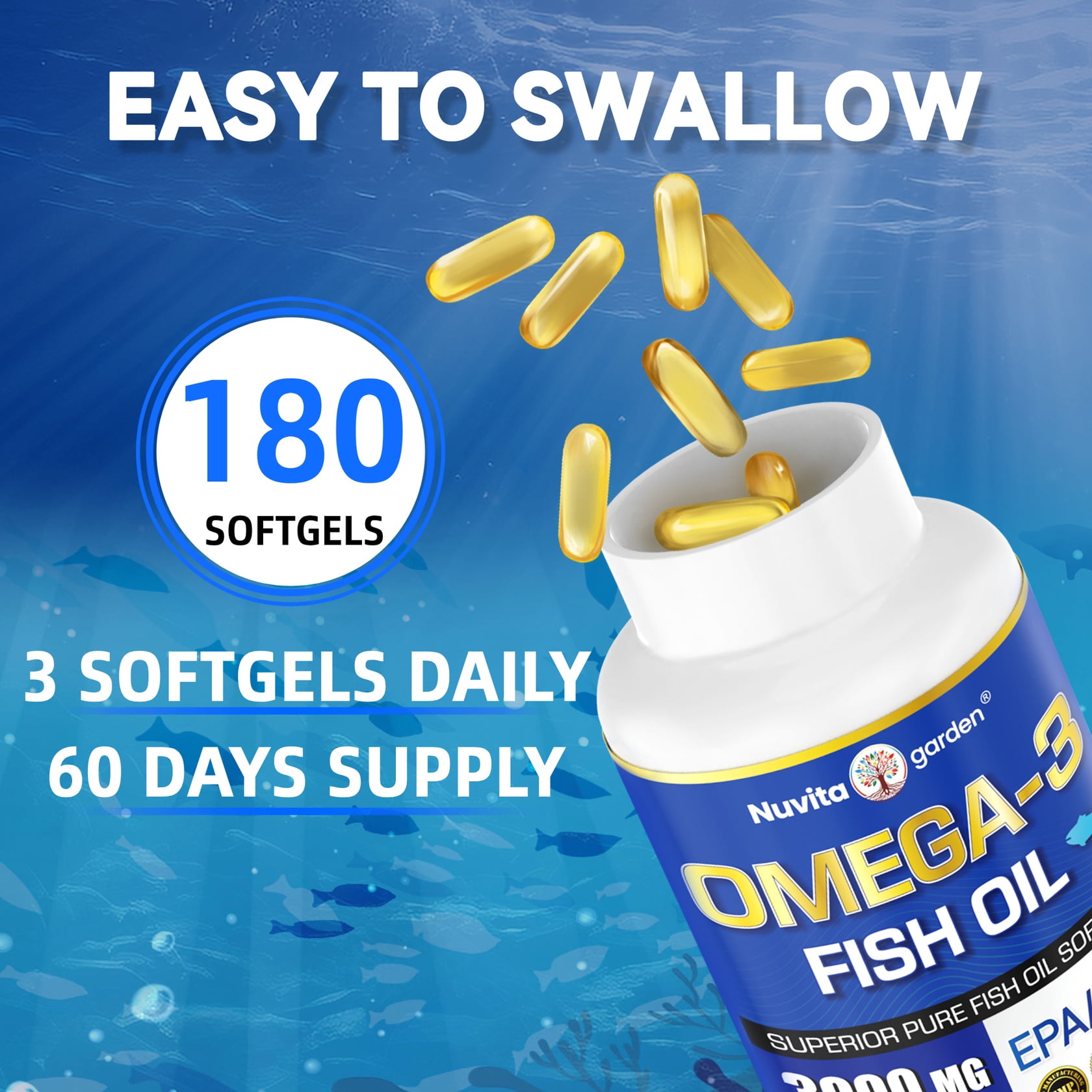 3 Pack Fish Oil 3000mg with EPA & DHA, Omega-3 Fish Oil Healthy Heart, Improved Cardiovascular Health,540 Softgels