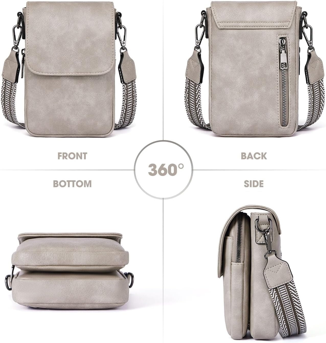 Kwuty Small Crossbody Bags for Women Trendy,Leather Triple Compartment Cell Phone Crossbody Wallet Purses with Card Slots（Cream Gray）