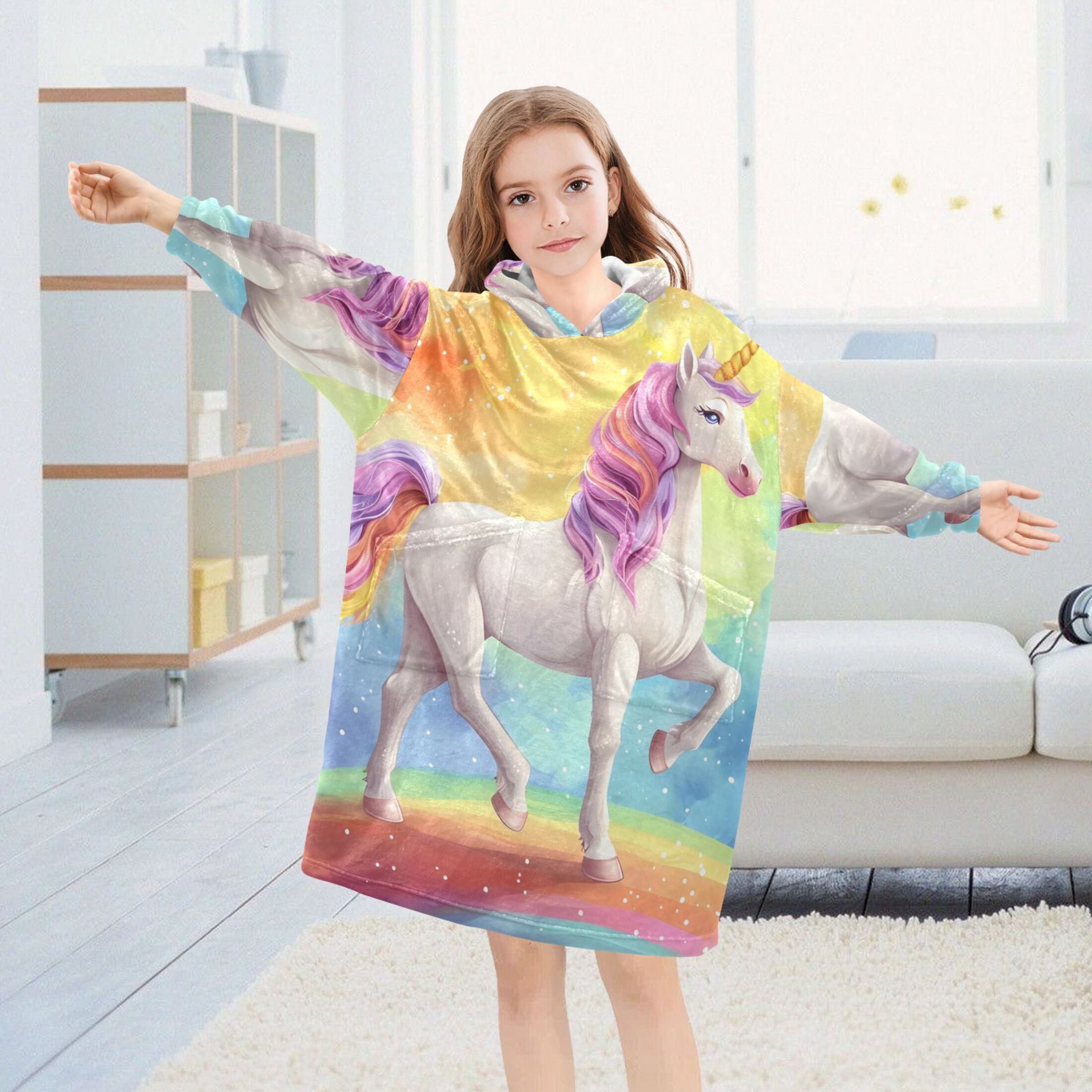 joogoo Wearable Blanket Hoodie for Kids Unicorn Standing on Rainbow Flannel Oversized Sweatshirt 3-14 Years L