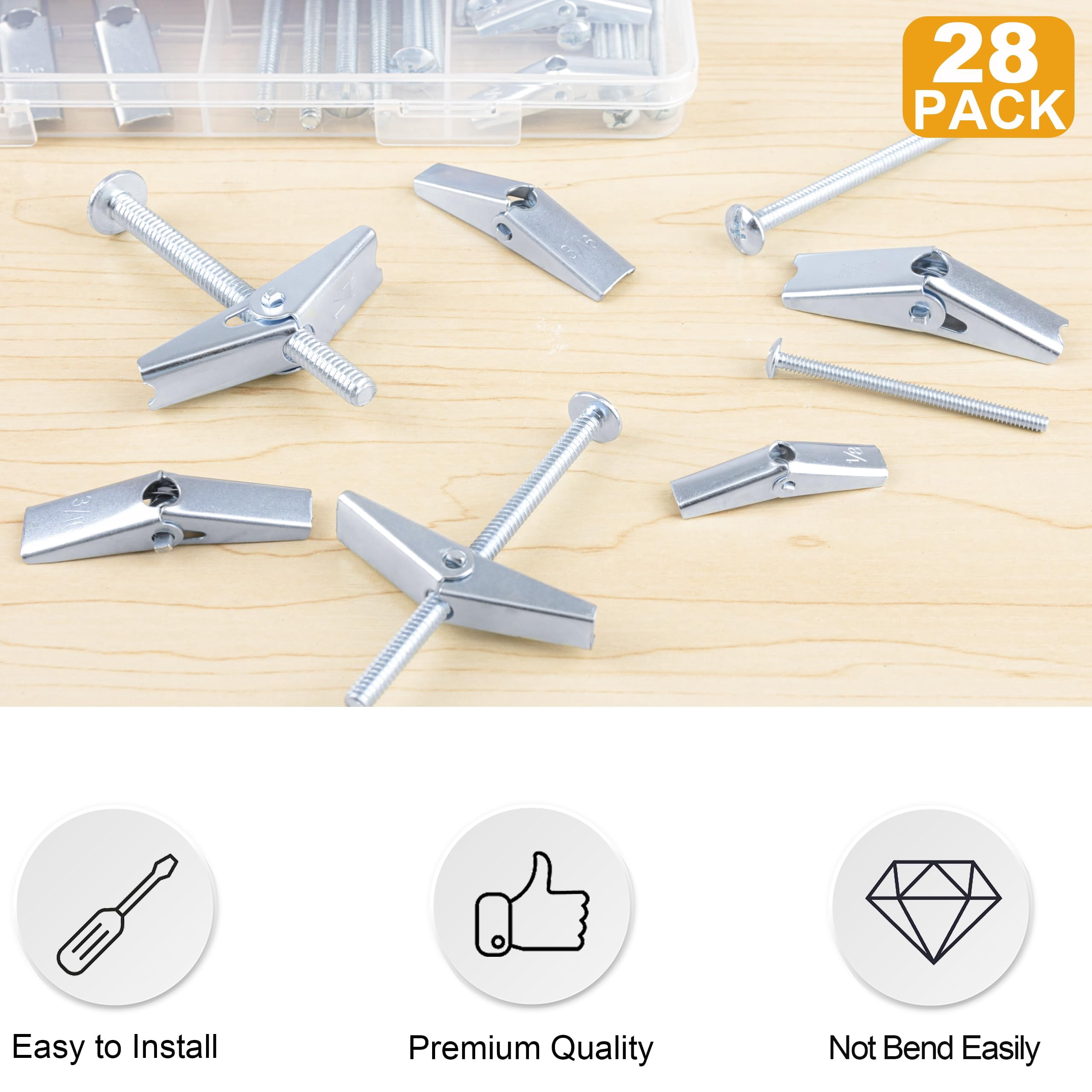 Hollow Wall Anchors Assorted Kit, 44Pc Heavy Duty Toggle Bolts and Wing Nut Kit, Drywall Anchors Assortment Set, Butterfly Anchors for Hanging Picture Curtain Rod Plant (1/8in, 3/16in, 1/4in)