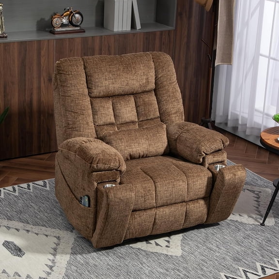 REHOUSING Adult Chenille for Elderly Heated and Massage Recliner with Adjustable Headrest and Hidden Cup Holders, Brown