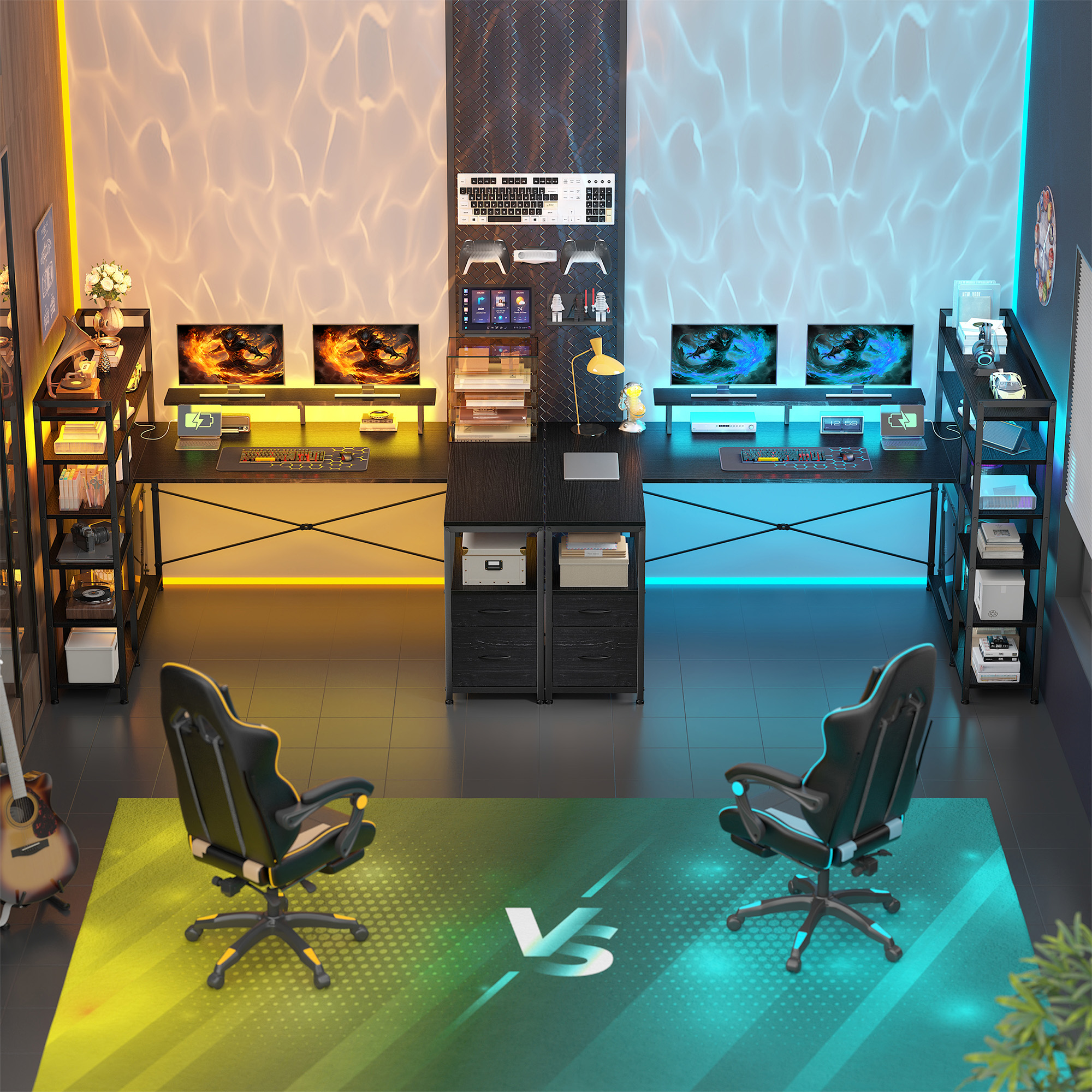 Romorgniz 63 inch U-Shaped Gaming Desk with Power Outlet & LED Lights, 6-Tier Storage Shelves & 2 Fabric Drawers, Reversible Computer Desk for Home Office, Black