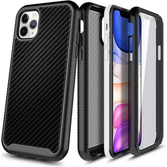 For iPhone 11 Pro Max Case, with Built-in Screen Protector, Nagebee Full-Body Protective Rugged Bumper Cover, Shockproof Durable Case (Carbon Fiber)