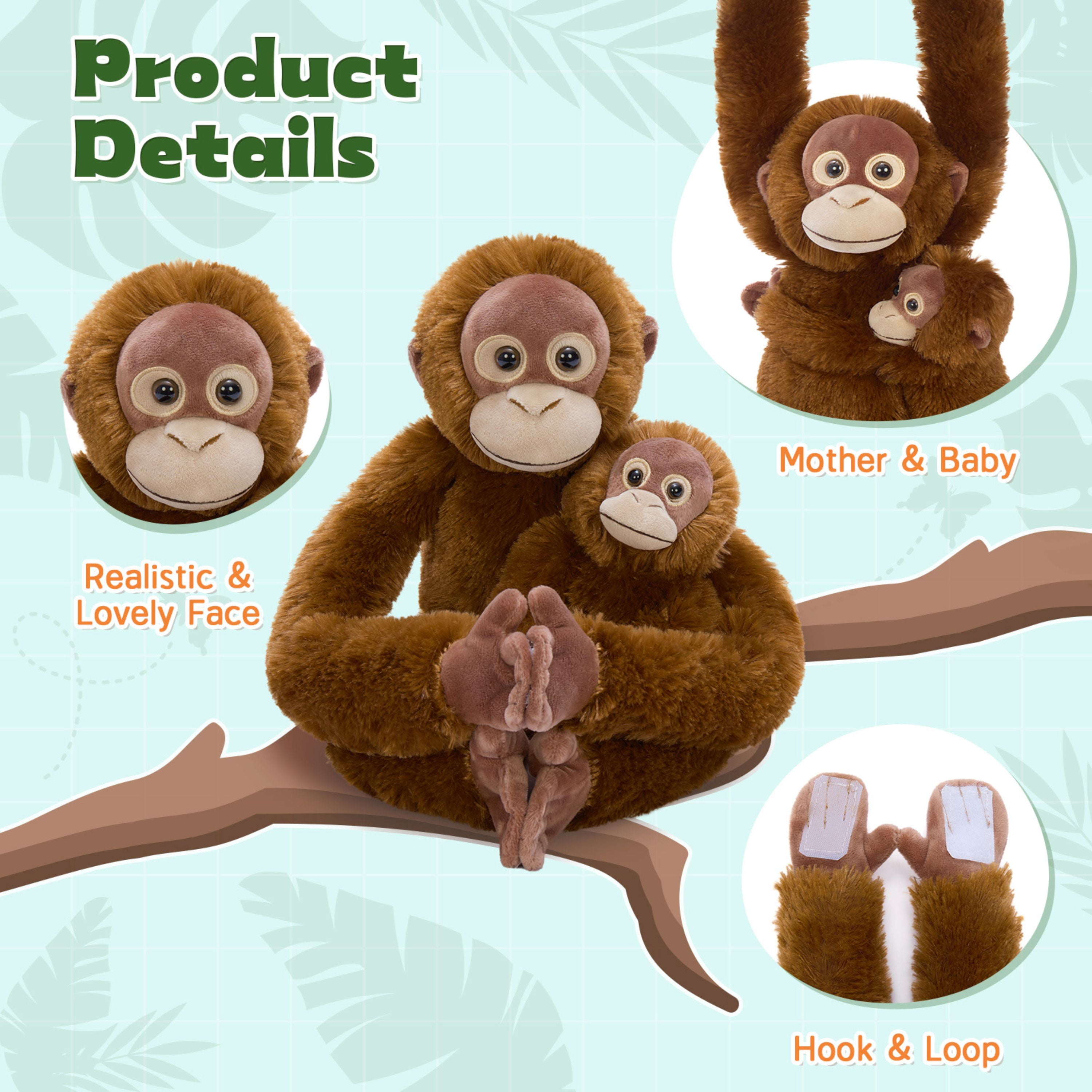Tezituor 2pcs Hanging Monkey Stuffed Animal Weighted Stuffed Orangutan and Baby with Hook and Loop Fasteners Hangs Plush