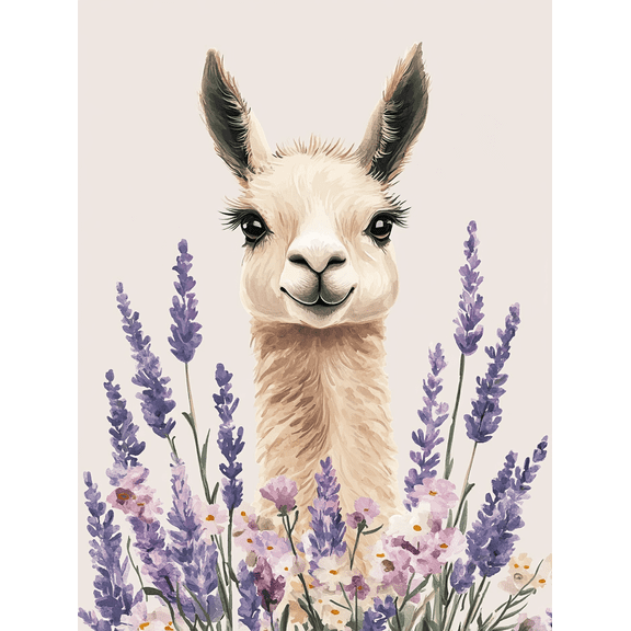 Cute Llama with Lavender Flowers Canvas Wall Art, Suitable for Living Room, Bedroom, Bathroom, Office, and Kitchen Decoration