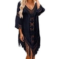 thumbnail image 2 of Swimsuit Coverup for Women 3/4 Sleeve V Neck Tassel Hem Crochet Loose Midi Dress Beach Cover Up Bathing Suit Dress, 2 of 4
