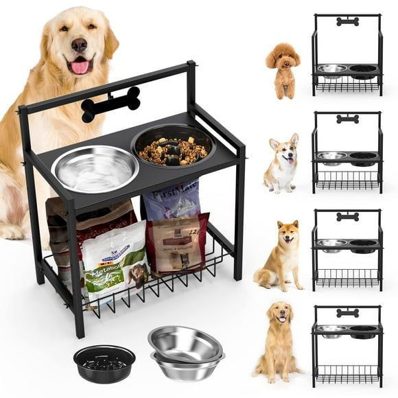 Lewondr Elevated Dog Bowls, Stainless Raised Dog Bowl for Large Dogs with Slow Feeder Dog Bowl, 4 Heights (5&quot;,8&quot;,11&quot;,14&quot;) Adjustable Dog Bowl Stand with &amp; Stor