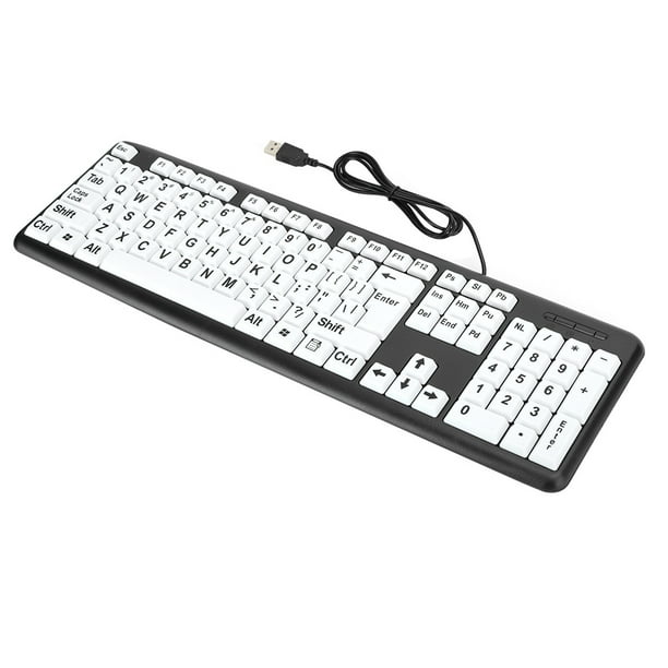 Teclado negro de baja visión, teclado para personas mayores con cable USB y teclas blancas con letras grandes, color negro