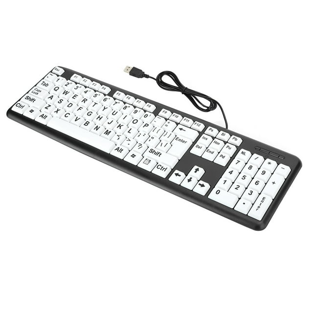 Teclado negro de baja visión, teclado para personas mayores con cable USB y teclas blancas con letras grandes, color negro