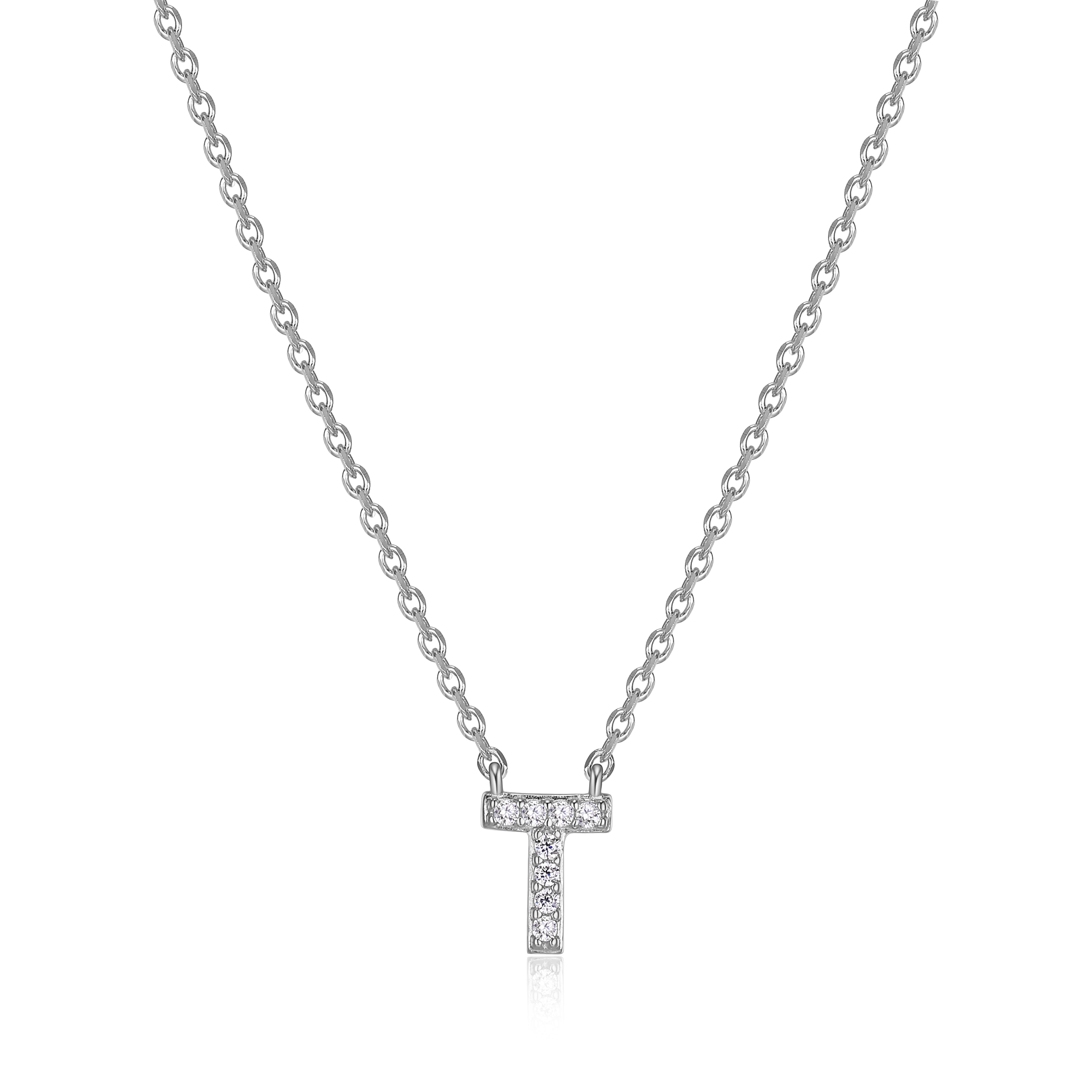 Forever Facets Women's Initial Letter "T" CZ Necklace in Sterling Silver, 18 inch