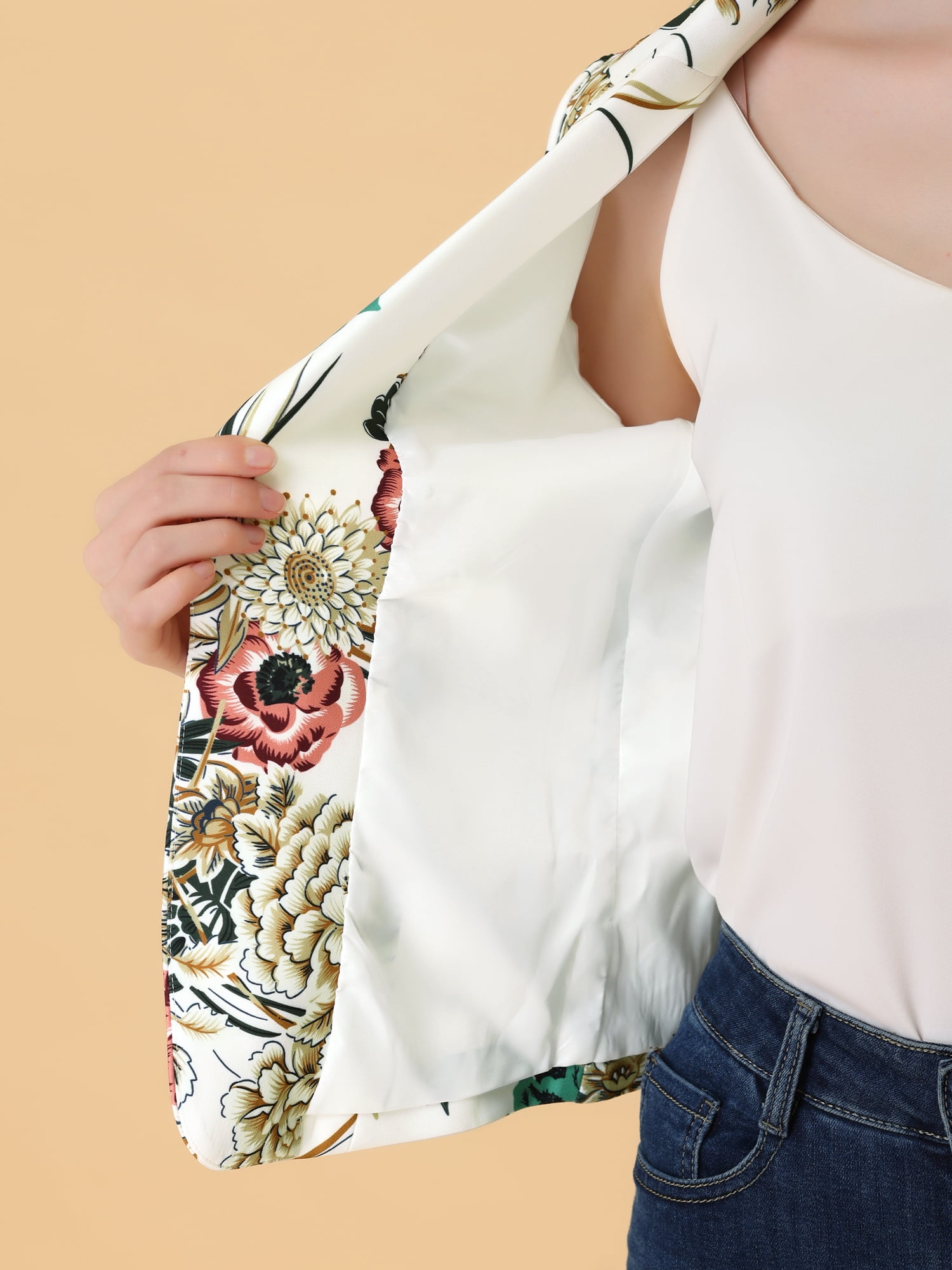 DARING DIVA Women's Elegant Notched Lapel Floral Print Blazer L White-Flower