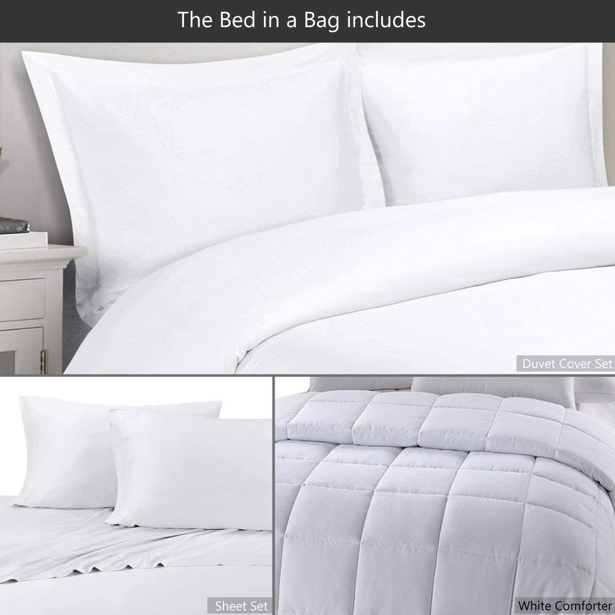 Sheetsnthings 8 Piece Bed in a Bag Queen Size Set Includes: Hybrid Bamboo-Cotton Blend, Solid White (Sheet Set + Duvet Cover Set) + All Season White Down Alternative Comforter