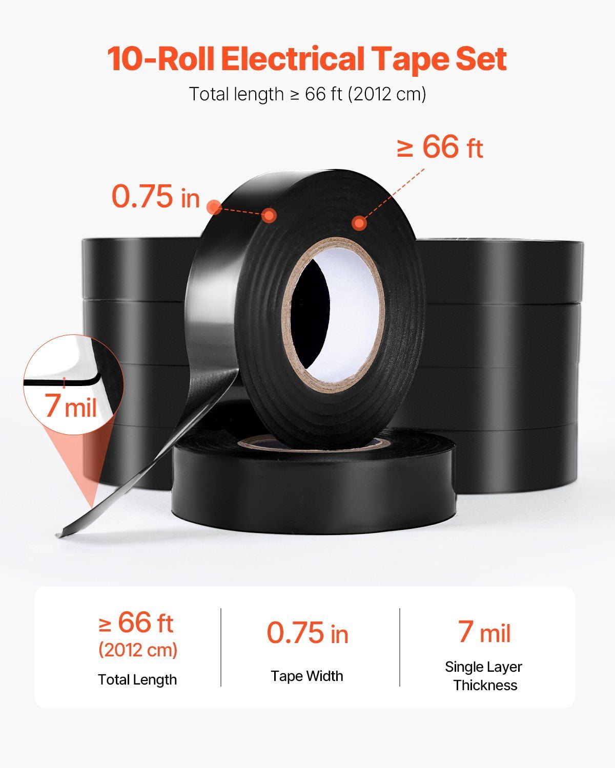 600V Electrical Tape 10 Rolls 3/4 in x 66 ft PVC Insulating Wire Tape Flame Retardant Waterproof Weather Resistant for Electrical Equipment Black
