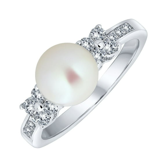 Bling Jewelry Womens Traditional 8MM Solitaire White Cultured Pearl Statement Ring Pave CZ Side Stones Band