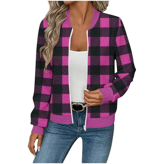 Women's Plaid Zipper Jackets, Stand-Up Collar Lightweight Tops with Pockets, Fall Casual Active Tops