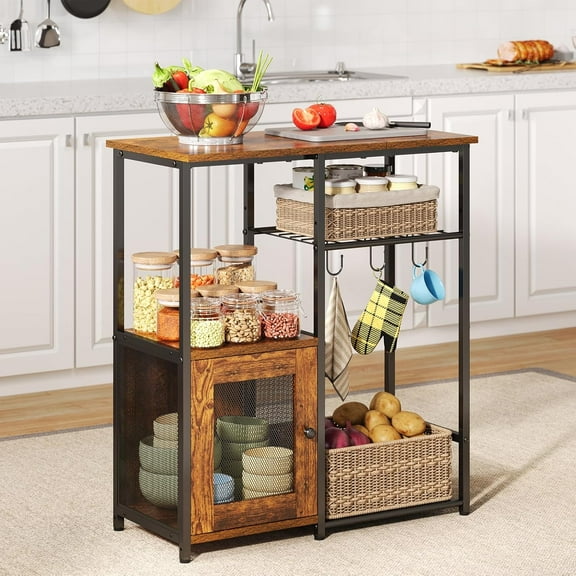 Small Kitchen Island with Storage, 4 Tier Microwave Stand, Island Table, Bakers Rack & Coffee Bar Cabinet Station with Storage, Adjustable Shelves & 3 Removeable Hooks for Kitchen Dining Room, Bar