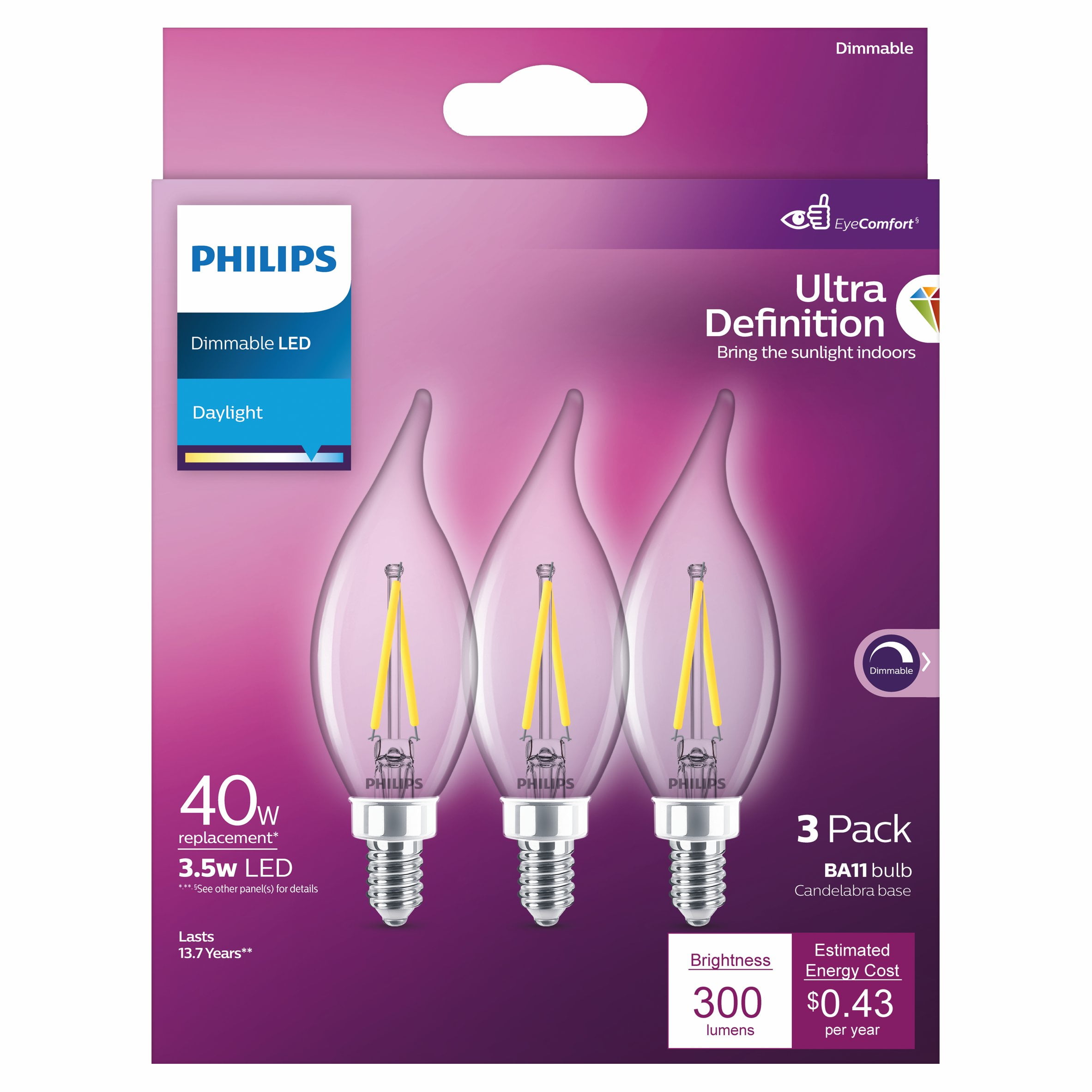 (2 pack) Philips Ultra Definition LED 40-Watt BA11 Filament Candle Light Bulb, Clear Daylight, Dimmable, E12 Candelabra Base (3-Pack)
