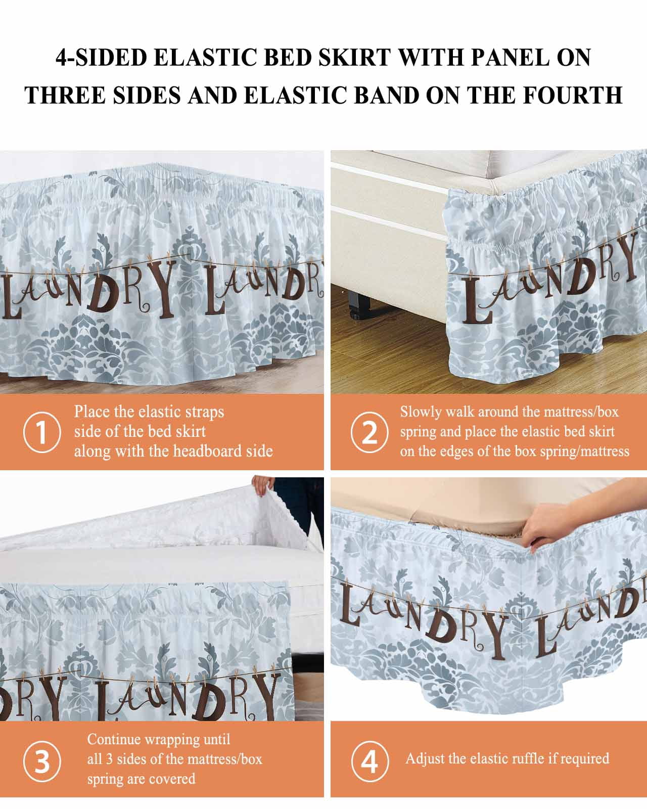 Laundry Bed Skirt Vintage Flower Country Style Bed Skirts Queen Size 16 Inch Drop, Wrap Around Dust Ruffle&nbsp;Bedskirt with Adjustable Elastic Belt for Queen Size Beds