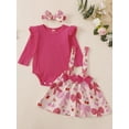 thumbnail image 4 of Aojekbee Baby Girl Fall Outfits Solid Color Long Sleeve Romper Floral/Strawberry Print Suspender Skirt Headband 3Pcs Clothes Set, 4 of 9