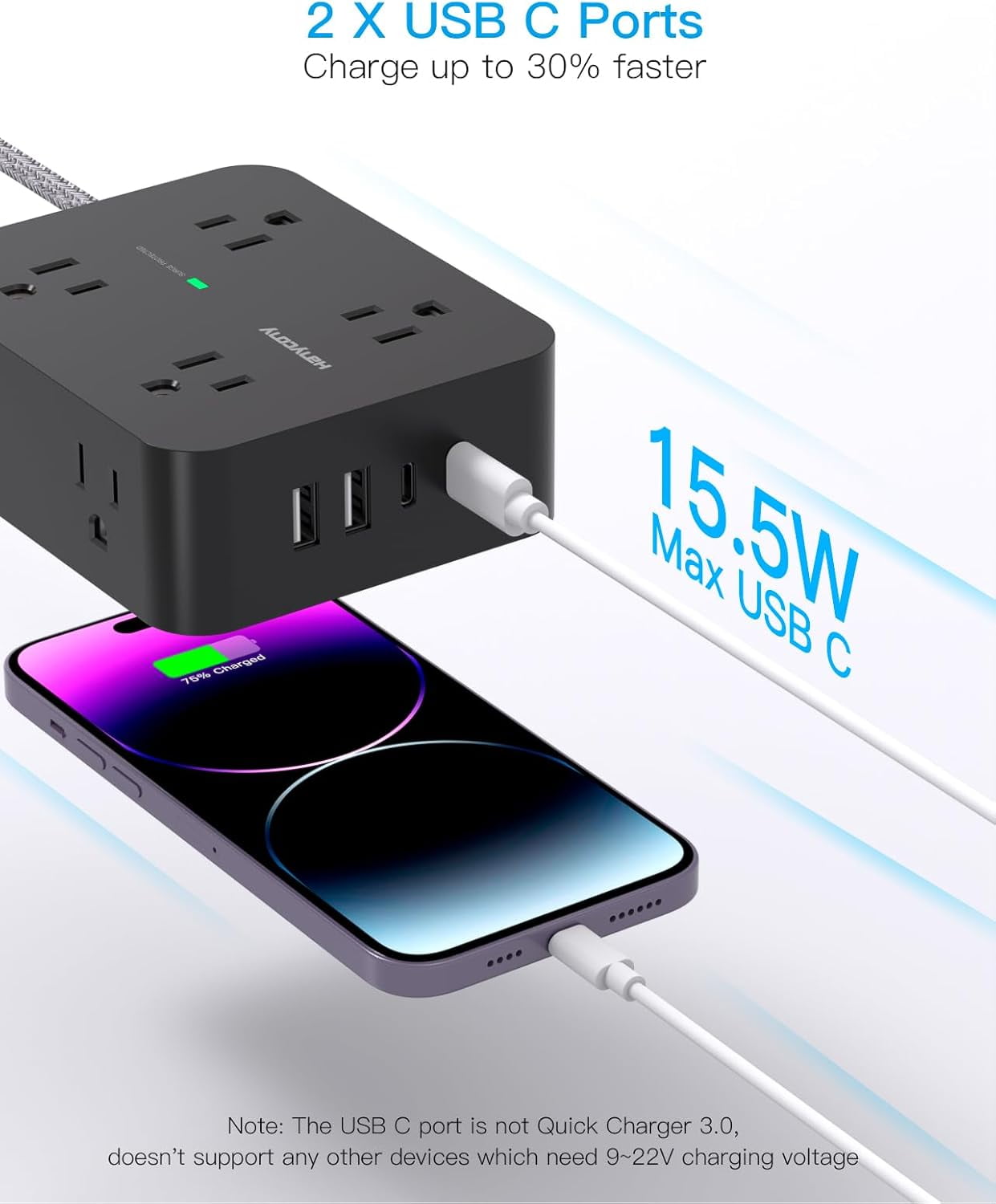 HearthHarmony Power Strip Surge Protector 8 Outlets with 4 USB Charging Ports(2 USB C), 3 Side Outlet Extender with 5 Ft Extension Cord Flat Plug Wall Mount Desk Charging Station for Home Office ETL