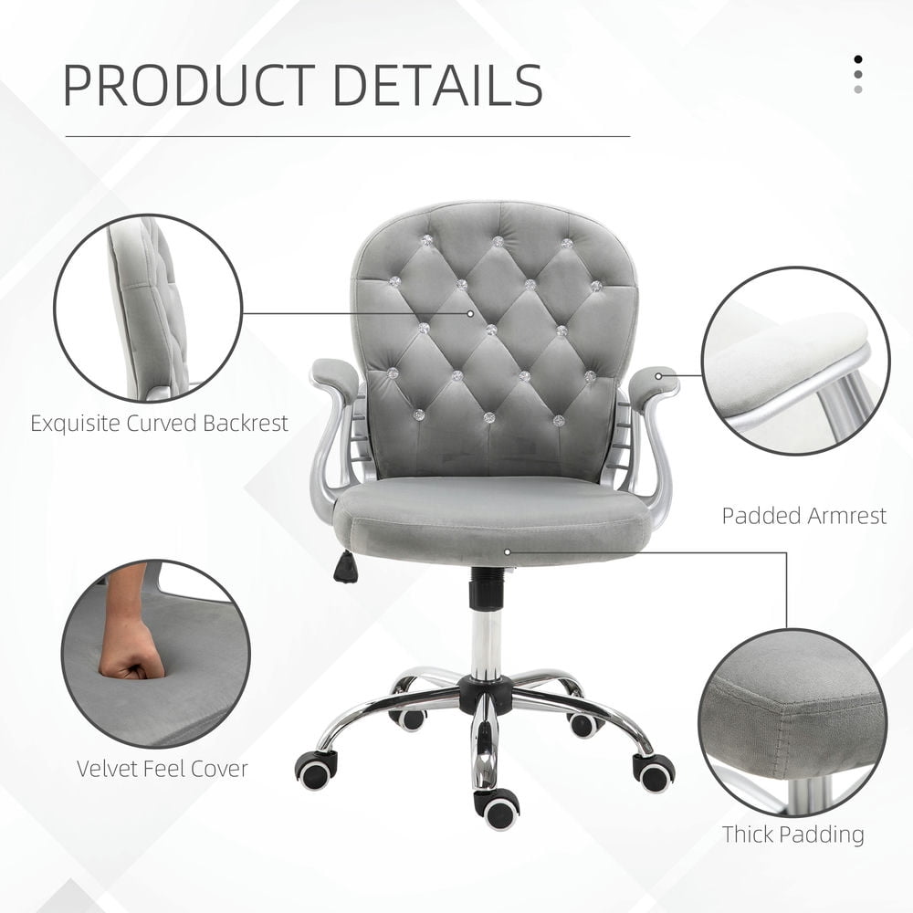 Demi Bonn Executive Home Office Chair, Ergonomic Mid-Back with Padded Armrests, Swivel Base, Easy Assembly, Velvet Button Tufted Desk Chair, Gray