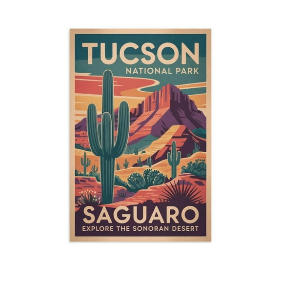 Tucson Retro Travel Poster Vintage U.S. City Tourism with Saguaro National Park & Desert Print Poster