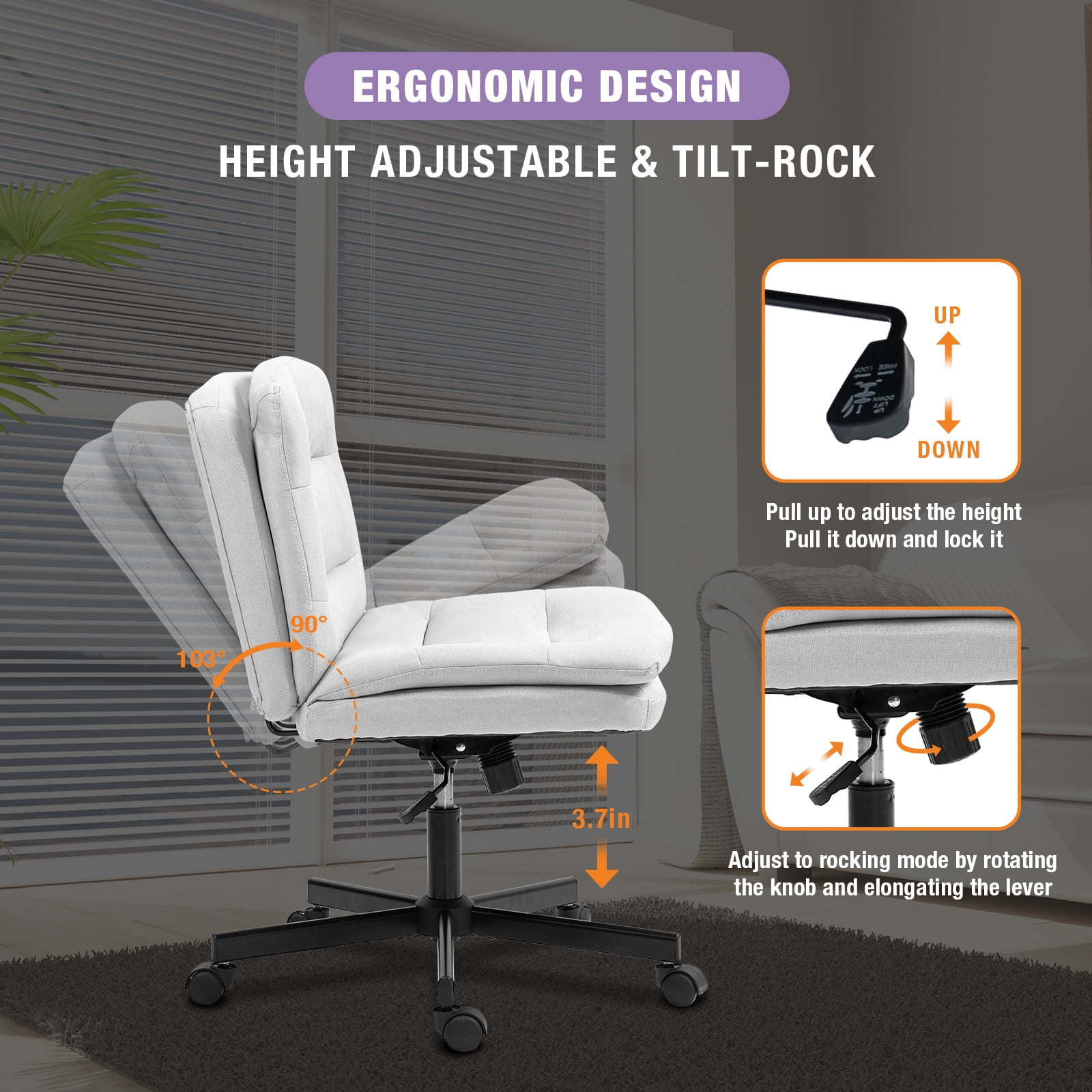Criss Cross Legged Chair Ergonomic Home Office Desks Chair with Casters, Armless Wide Comfy Vanity Desk Seat Swivel Rolling Computer Chair, Adjustable Height, Rocking Function, Beige