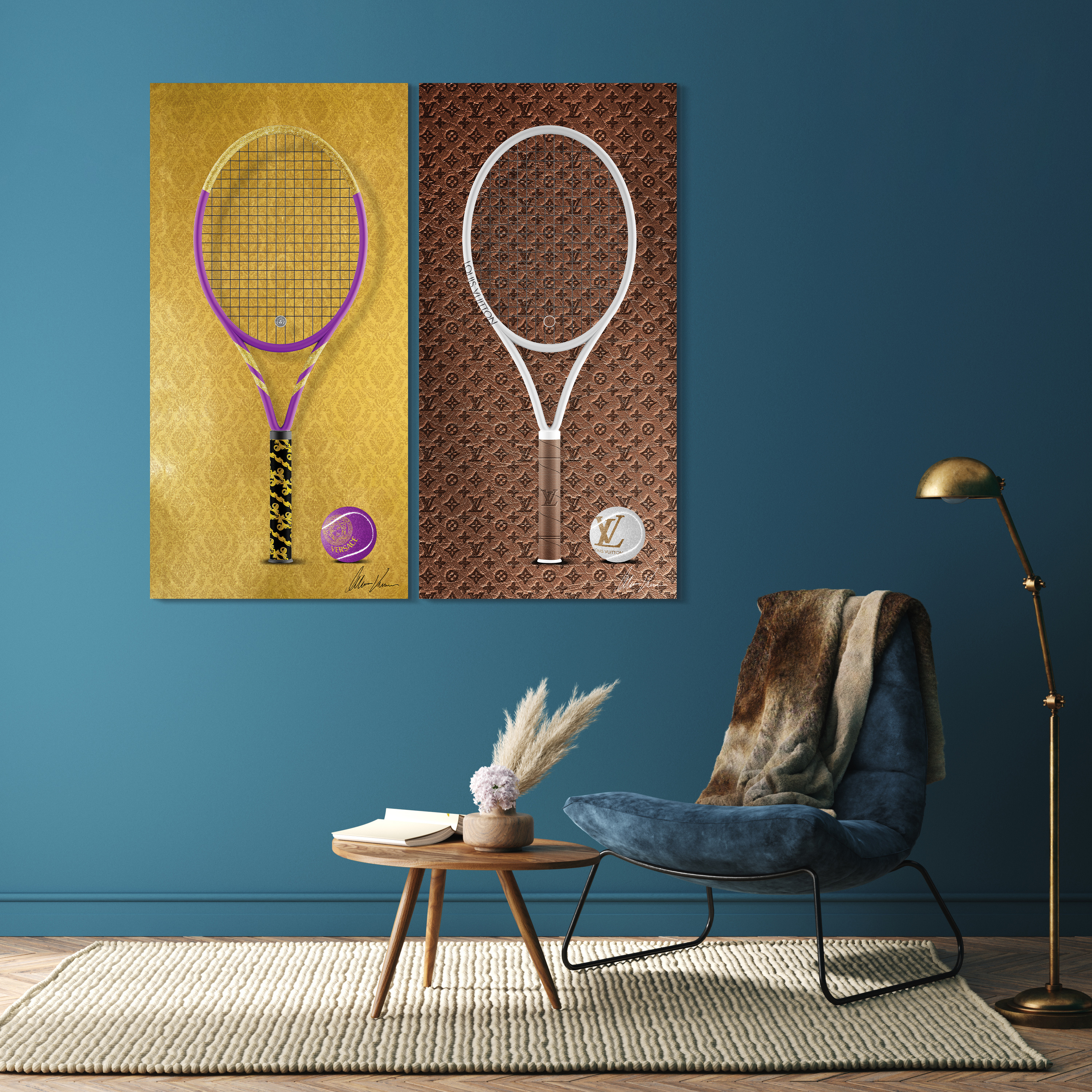 Designer Racquet Frameless Free Floating Tempered Glass Panel Graphic Wall Art , 24" x 48" each