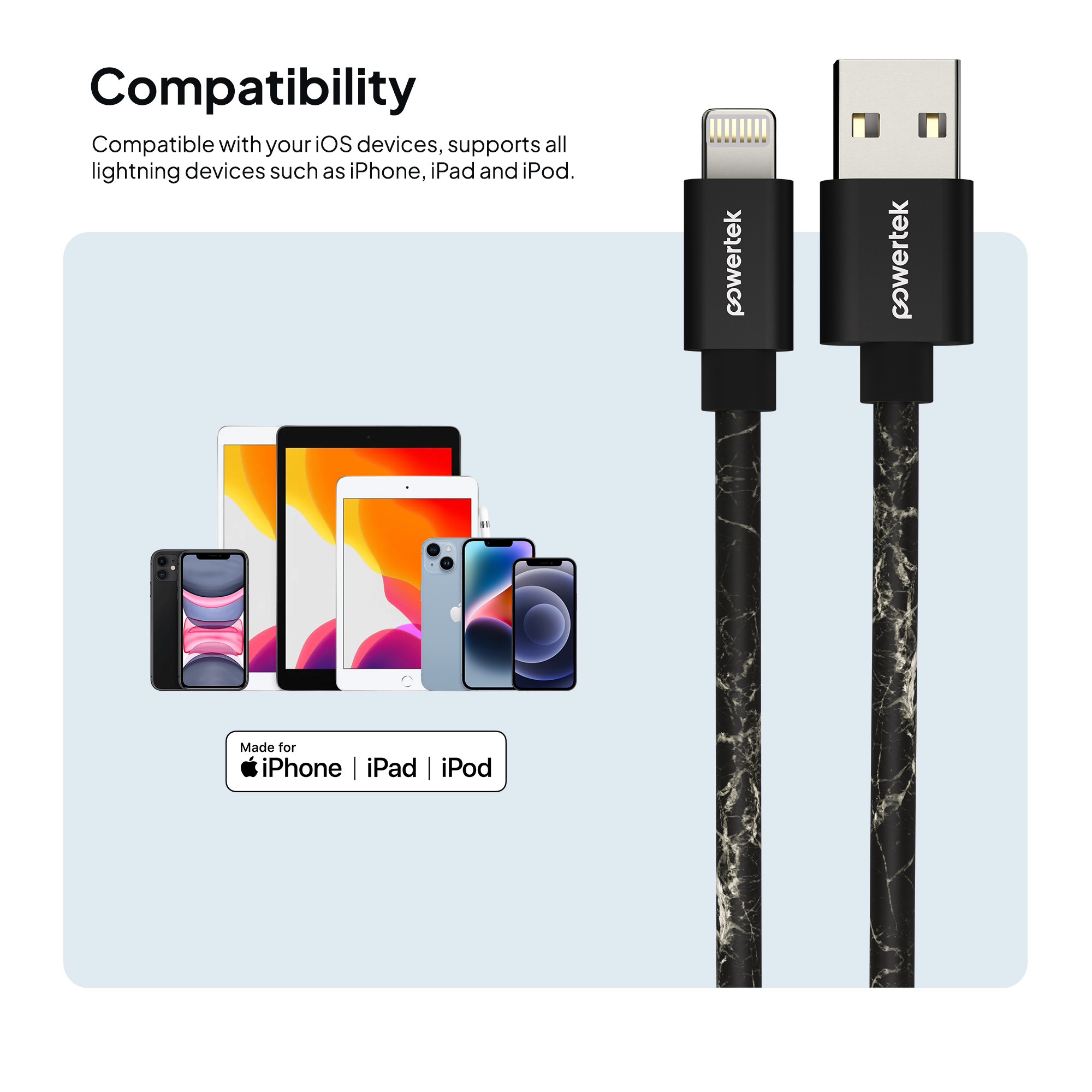 Liquipel Powertek Marble 6ft USB-A to Lightning Cable photo 4