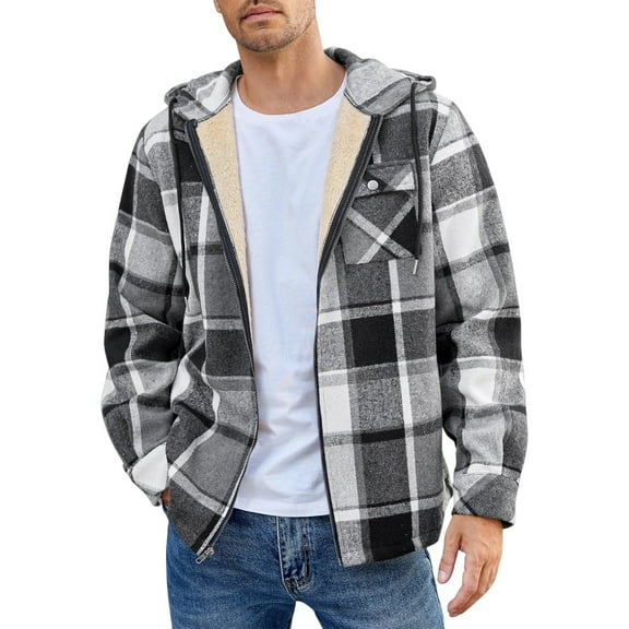 Xyxonk Men's Sherpa Fleece Lined Hoodie Jacket,Zip-Up Hooded Fall Winter Plaid Sweatshirt Jackets with Pockets,Gray L