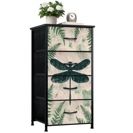 Dresser for Bedroom with 4 Storage Drawers Tropical Botanical Scene Muted Ferns Orchids Artwork Dressers Chest of Drawers Steel Framed Fabric Closet Organizers for Entryway Home Decor