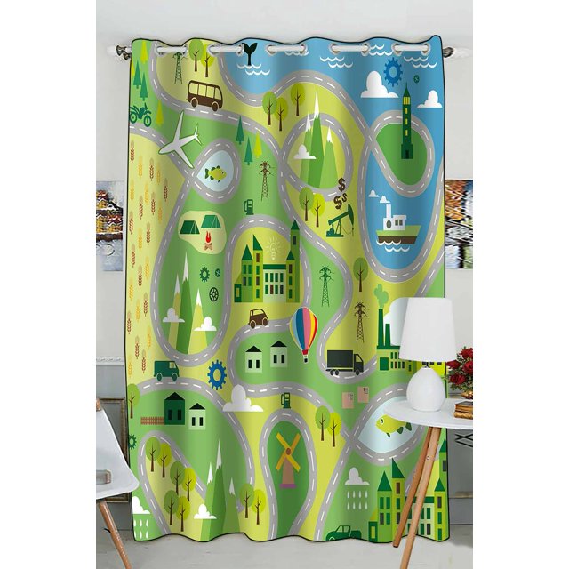 ABPHQTO Cortina opaca con ojales de carreteras con mapa de dibujos animados, cortinas para oscurecer la habitación, 130x210 cm (una pieza)
