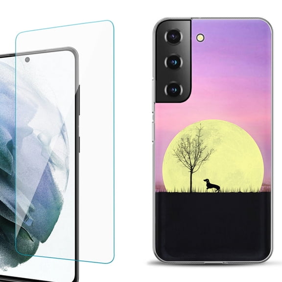 Slim-Fit Fashion Gel Phone Case for Samsung Galaxy S22  5G / S22 Plus 5G, with Tempered Glass Screen Protector, by OneToughShield ® - Moonlight Dachshund