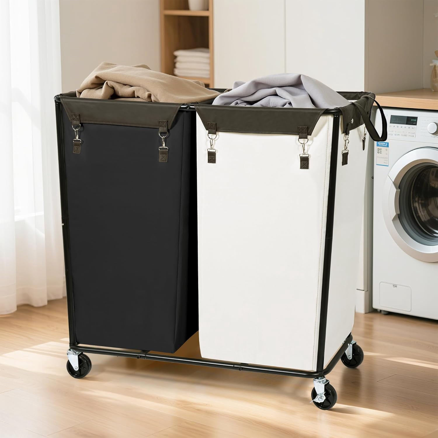 280L Rolling Industrial Laundry Hamper with Wheels, 2-Compartment Extra Large Laundry Sorter, Heavy Duty Dirty Clothes Basket Cart with Metal Frame for Home or Commercial Use