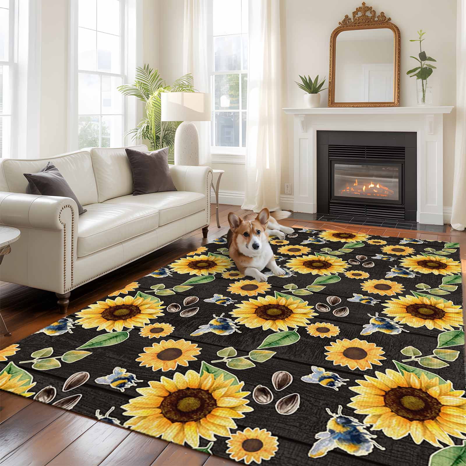 Large Area Rugs for Living Room Bedroom, Yellow Sunflowers 5'x8' Rug Washable Carpet Runner Indoor Outdoor, Summer Botanical Elegant Pastoral Bees Non Slip Floor Mats Rug for Kitchen, Bathroom