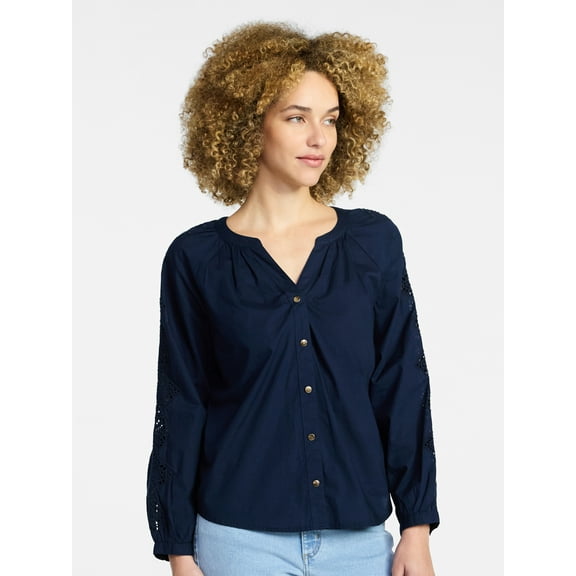 Time and Tru Women's Eyelet Blouse with Long Sleeves, Sizes XS-XXXL