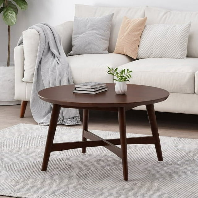 36" Round Coffee Table - Solid Wood Cross Base, Farmhouse Style, No Assembly Required, Walnut Finish