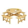 thumbnail image 2 of Noble House Wren 70" 8-Person Round Picnic Table Set, Outdoor Wooden Table with Benches and Umbrella Hole, Natural, 2 of 12