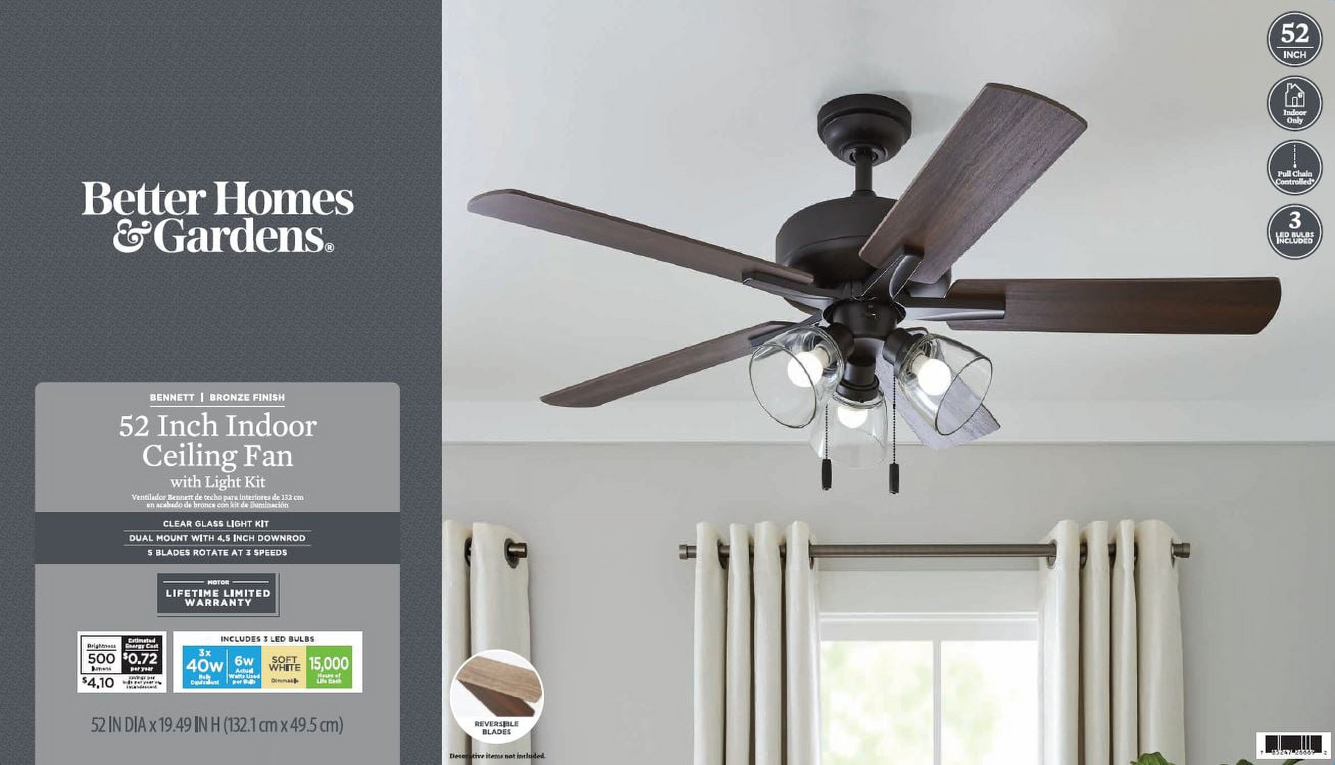 BETTER HOMES & GARDENS 52″ BRONZE TRANSITIONAL CEILING FAN, 5 REVERSIBLE BLADES, 3 LED BULBS INCLUDED