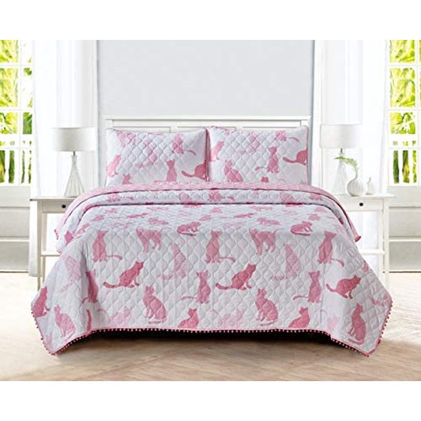 Sleeping Partners 3 Piece Pink Cats Quilt Set with Mini Pom Poms, Full