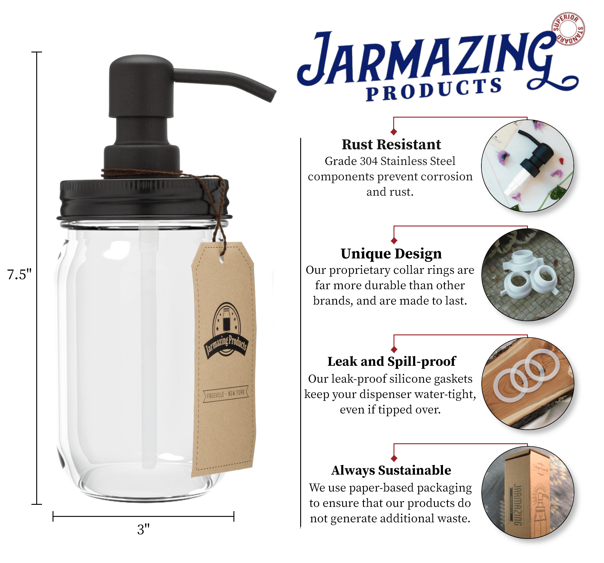 Jarmazing Products Mason Jar Soap Dispenser - Black - With 16 Ounce Clear Mason Jar - Two Pack