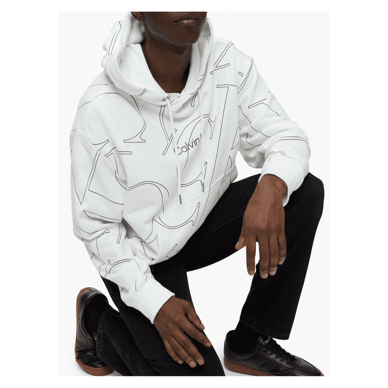 Calvin Klein Men s Long Sleeve Front Logo and All Over CK Print Hoodie White S