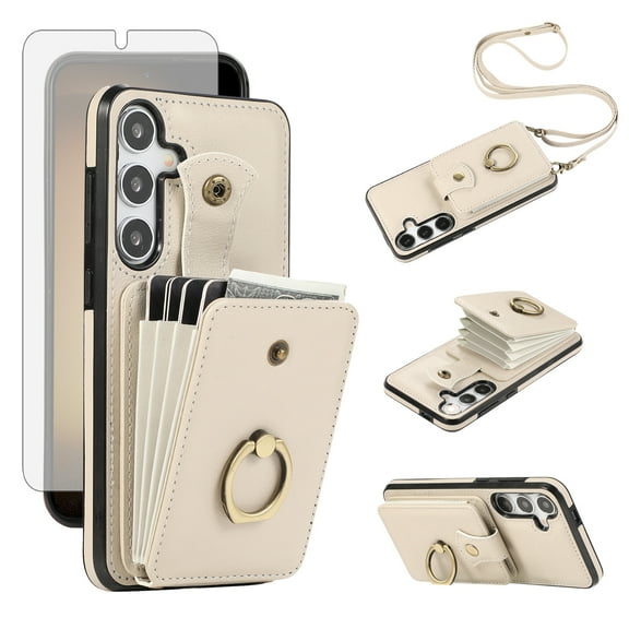Compatible with Samsung Galaxy S24 Plus/S25 Plus S24 S25 5G Wallet Phone Case Screen Protector Ring Crossbody Strap Stand Credit Card Holder RFID Cell Cover for S24Plus S25Plus Women Girls Beige