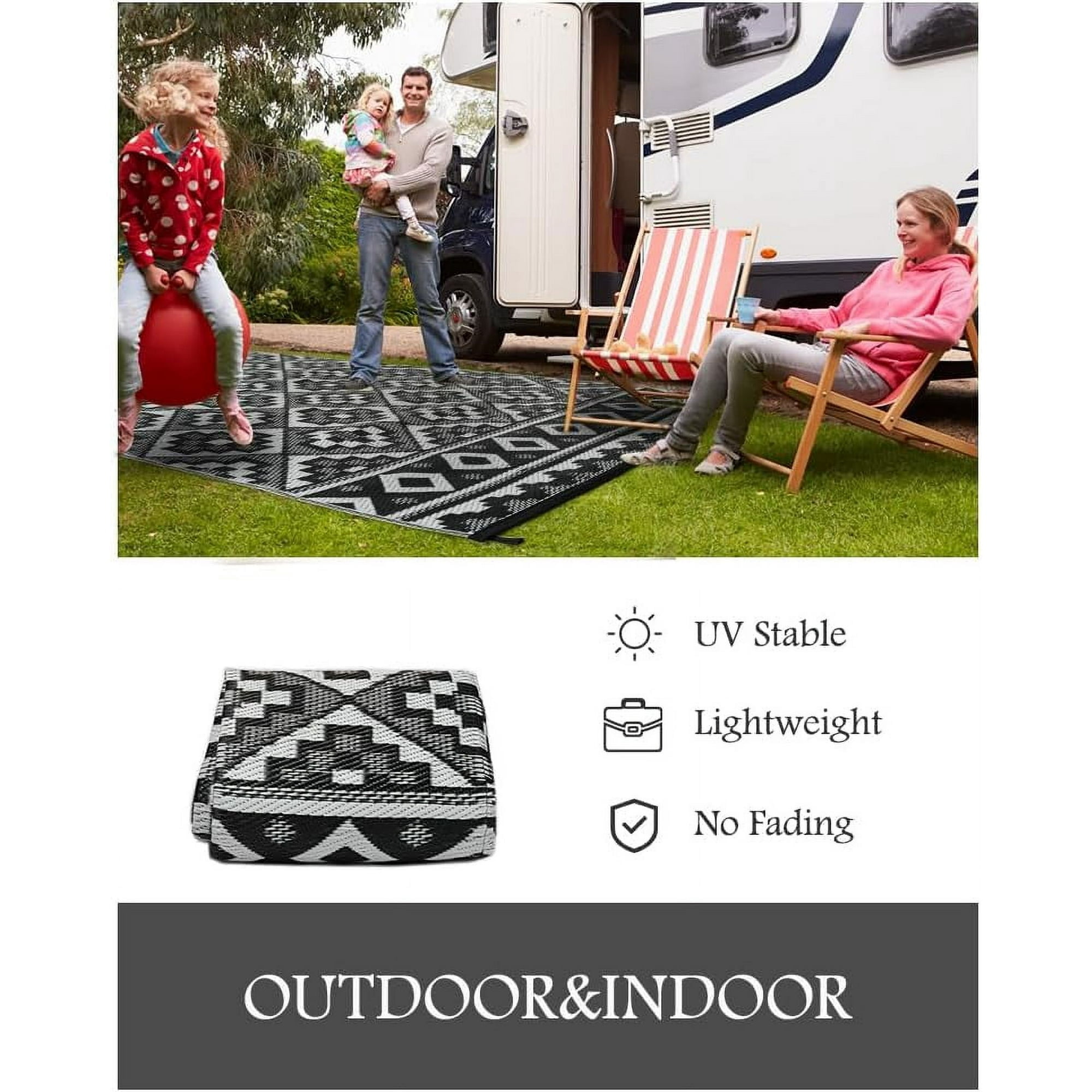 SIXHOME Outdoor Rug 5'x8' Waterproof Reversible Patio Rug Modern Lightweight Plastic Straw Indoor Outdoor Rug for RV Camping Deck Balcony Porch Boho Patio Decor Outdoor Carpet Black and Wite