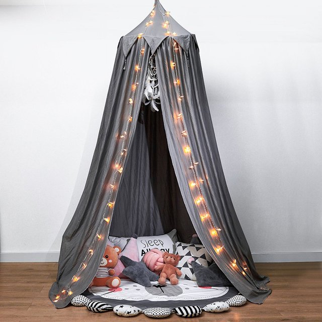 Tienda de campaña con forma de cúpula con borlas para niños, instalación sin perforaciones, cortina para la cama, repisa para la cama, mosquitera artesanal de algodón lavable con agua